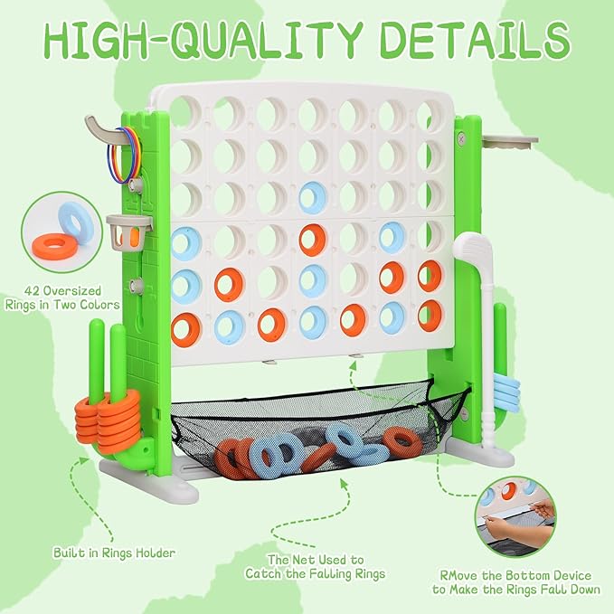Giant 4 in A Row Game, Height Adjust Connect 4 Jumbo Yard Game Set for Kids & Adults with Mesh Catching Bag, Golf, Basketball Hoop & Ring Toss, 4-to-Score Games for Indoor/ Outdoor Fun