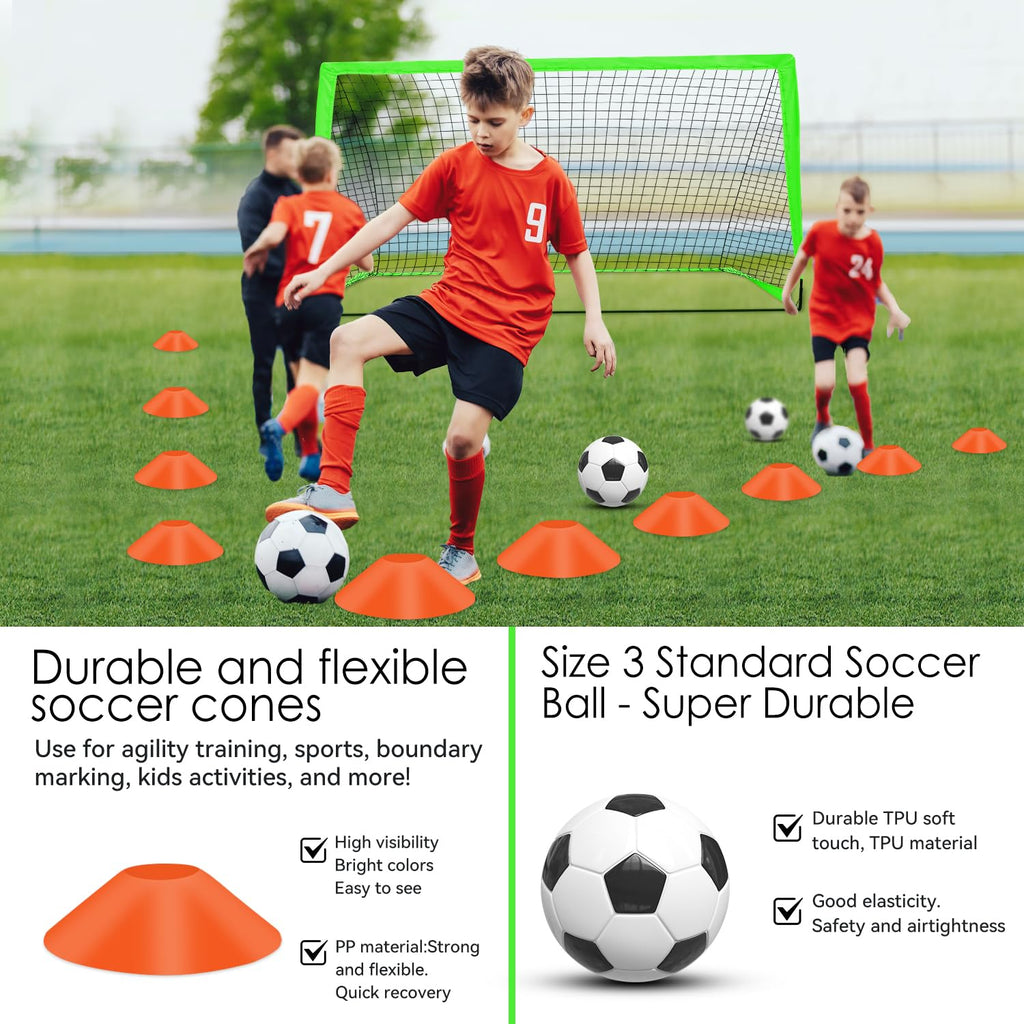Fololicx Green Soccer Goals for Backyard, 2 of 6x4ft Kids Soccer Net Training Equipment, Portable Pop Up Toddler Soccer Goal with Soccer Ball, Scoring Target Cloth, and Cones - Fun Youth Outdoor Games