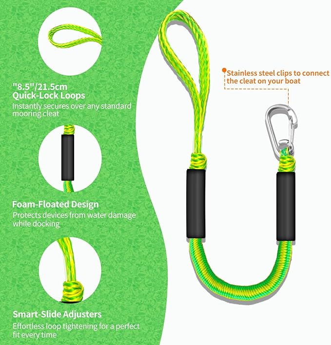 Bungee Dock Lines for Boats, 2 Feet, Pack of 2 (Green&Yellow)