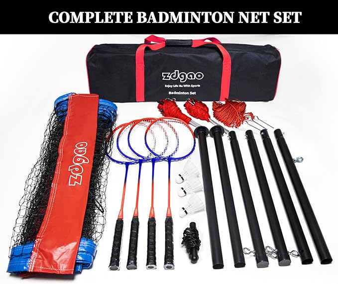 Zdgao Badminton Sets for Backyard, Portable Badminton Net with Tension Adjuster, Badminton Racket Set of 4, 3 Nylon Shuttlecocks, Boundary Line and Carry Bag for Backyard Beach Family Games