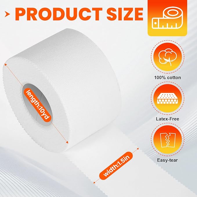 16 Pack Athletic Tape, White Sports Tape for Wrist Ankle Protection, Sports Tape Athletic No Sticky Residue, Easy to Tear Gymnastics Tape for Soccer, Football, Training Supplies (1.5" x 160 Yards)