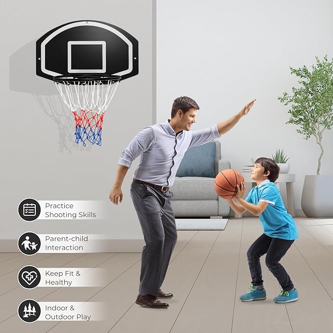 Goplus Wall Mount Basketball Hoop, 28.5’’ x 18’’ Large Backboard with 17’’ Rim, Shatter-Proof Backboard, All-Weather Net, Door Wall Mounted Indoor Outdoor Basketball Playset for Backyard Family Games