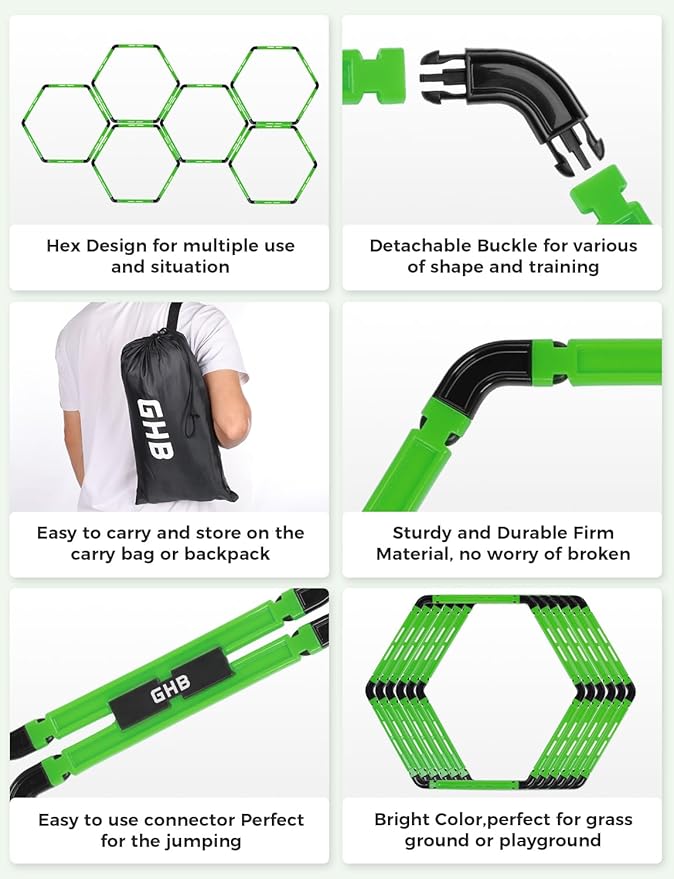 GHB Hex Agility Rings Speed Rings with Carrying Bag 6 Set Portable Hexagon Rings, Agility Ladder for Agility Footwork Training