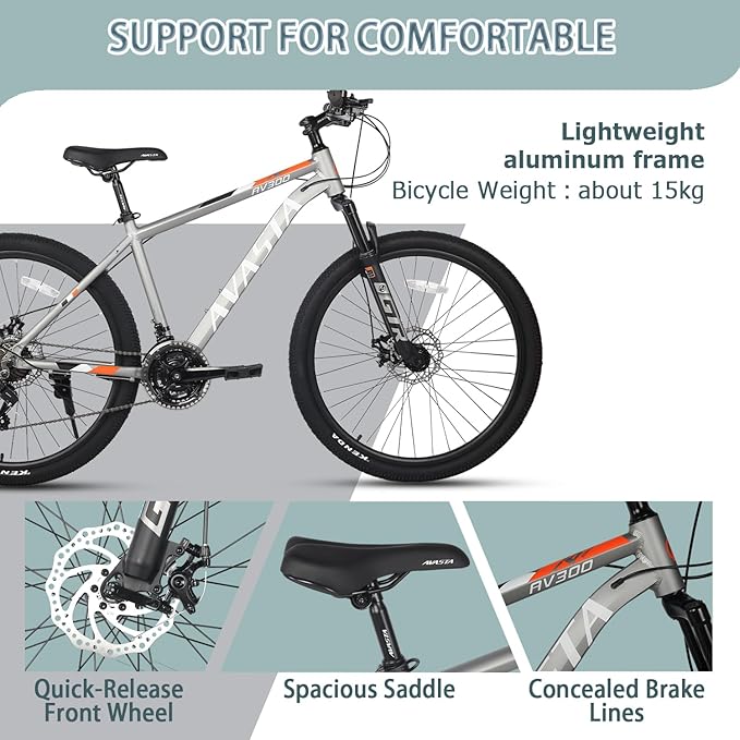 AVASTA AV300 26 27.5 inch Mountain Bike with 21-Speed，Aluminum Frame, Dual Disc Brake, Comfortable Saddle,Multiple Colors