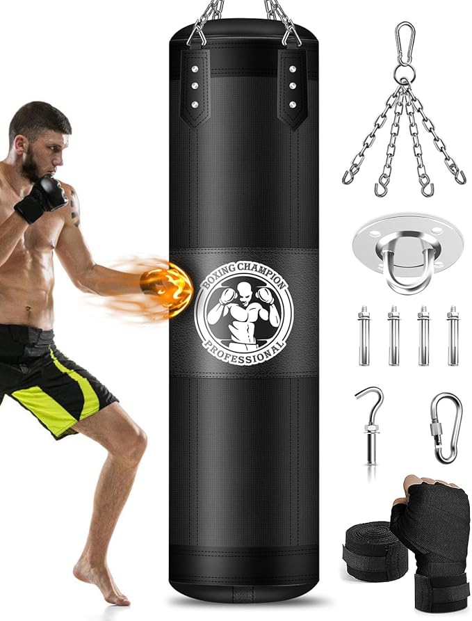 Punching Bag for Adults, 4FT PU Heavy Boxing Bags with Chain Ceiling Hook, Hanging Boxing Bag for Kickboxing Muay Thai Karate Judo Taekwondo Home Gym Training, Unfilled