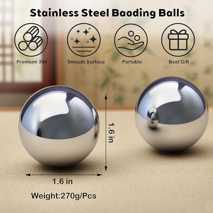 1.6 inch Stainless Steel Baoding Balls Set, Chinese Health Massage Balls for Hand Therapy, Exercise, and Stress Relief, No Chime Handball