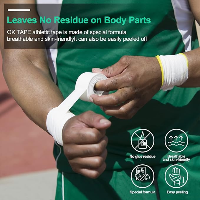 OK TAPE Athletic Sports Tape（4 Packs) - 45ft Per Roll Very Strong Tape for Athlete & Sport Trainers & First Aid Injury Wrap, Perfect for Fingers Ankles Wrist on Bat, Hockey Stick - Green