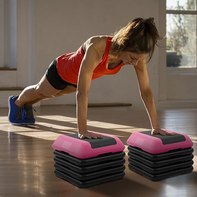 Fitvids Step Aerobic Platform, Exercise Step with 5 levels Adjustable Height, 4 Stackable Risers, Fitness Training Workout Stepper for Home Gym, Cardio Strength, Multiple Options