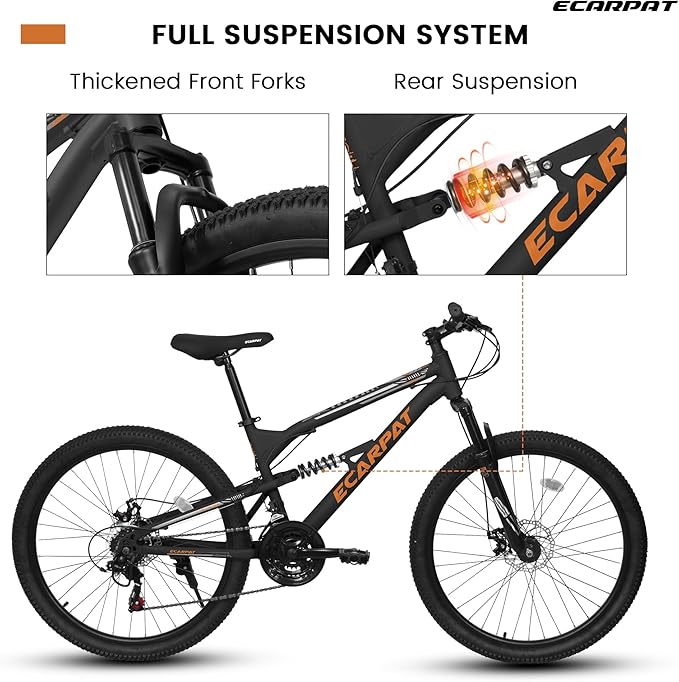 24/26/27.5 Inch Mountain Bike, Dual Full Suspension 21 Speed Womens Mens Mountain Bikes, Commuter Bike with Carbon Steel Frame and Dual Disc Brakes