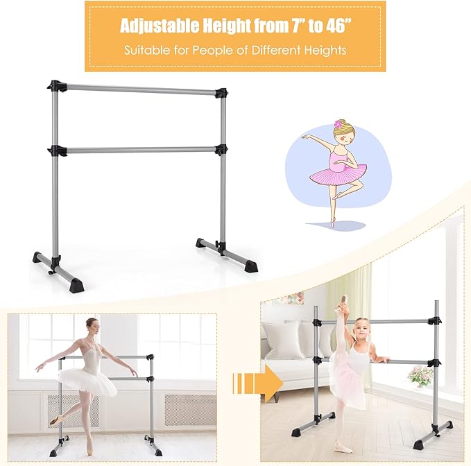 GOFLAME 4FT Ballet Barre Portable, Freestanding Double Ballet Barre Height Adjustable with Anti Slip Base, Heavy Duty Stretch Dance Bar for Home Workout