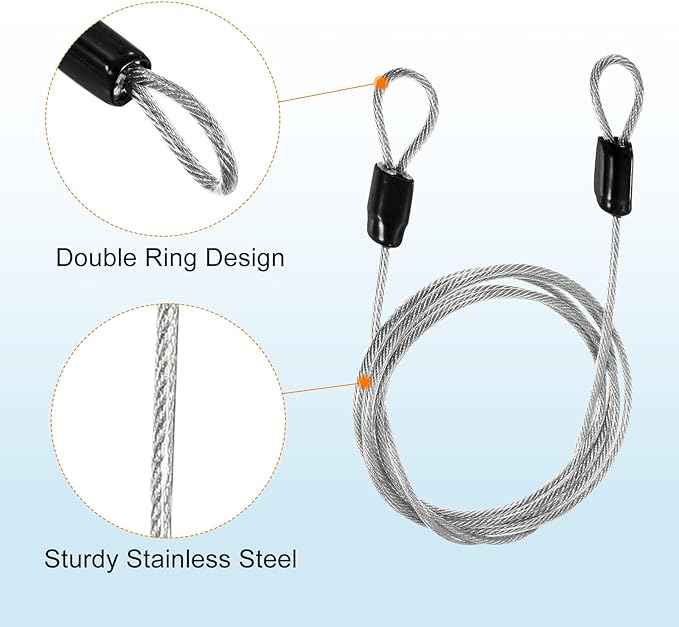 MECCANIXITY Security Steel Cable Lock, Safety Cable Flexible Wire Rope Luggage Lock 5feet 2.5mm Vinyl Coated Braided Steel with Double Loop for Bike Bicycle U-Lock Padlock Transparent