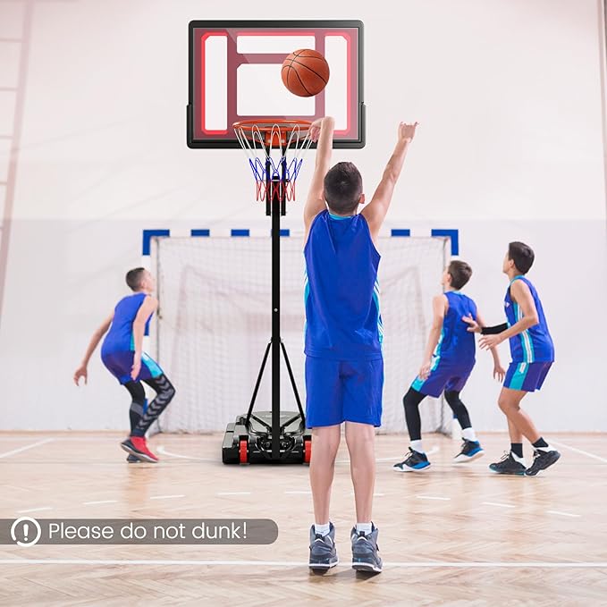 GYMAX Portable Basketball Hoop, 5 FT to 10 FT Adjustable Basketball Goal with 10 Heights, All Weather Basketball Stand System with Weight Bag & Wheels, for Youth Adult, Indoor Outdoor Pool, Court