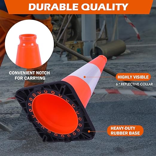 8 Pack 18" inch Fluorescent Orange PVC Traffic Safety Cones with Reflective Collars and Heavy Duty Rubber Base, Durable Cones for Parking, Construction, Roadwork and Driving Practice