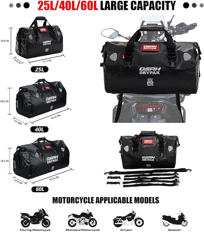 Waterproof Duffel& Luggage Bag - Motorcycle Dry Bag Tail Saddle Bags with Roll Top Closure,Large Storage Space,for Camping, Kayaking, Fishing & Traveling(SkyBlack, 40L)