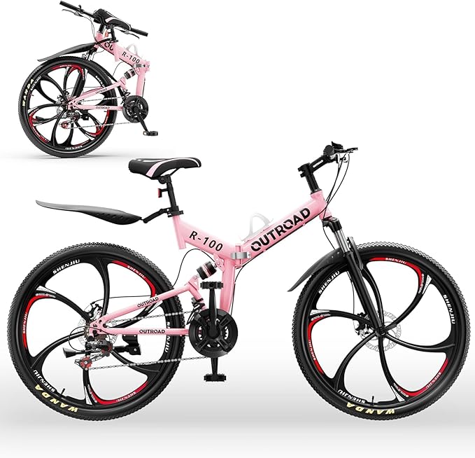 26 Inch Folding Mountain Bike with High Carbon Steel, 21 Speed City Bike with Dual Suspension, Folding Bicycle for Adults Men and Women