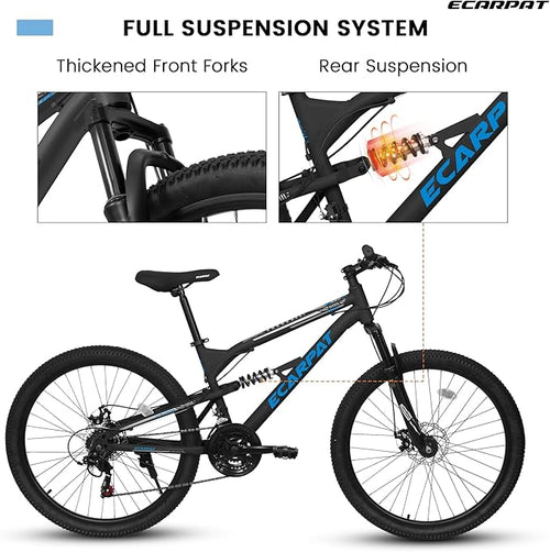 24/26/27.5 Inch Mountain Bike, Dual Full Suspension 21 Speed Womens Mens Mountain Bikes, Commuter Bike with Carbon Steel Frame and Dual Disc Brakes