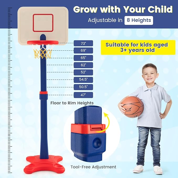 Costzon Kids Basketball Hoop, 8-Level Height Adjustable Basketball Goal Stand with Weighted Base, Indoor Toy Basketball Set Outdoor Play Sport for Boys Girls Age 3+