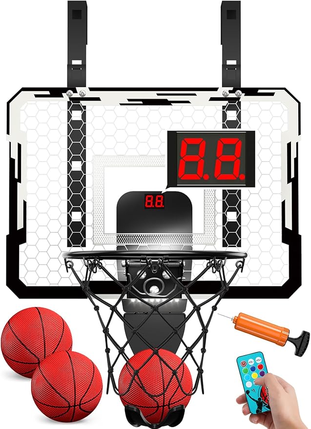 QDRAGON Indoor Basketball Hoop for Kids, Over The Door Mini Basketball Hoops with 7 LED Lighting, Basketball Toys Gifts for 5 6 7 8 9 10 11 12 Year Old Boys Girls Teens, White