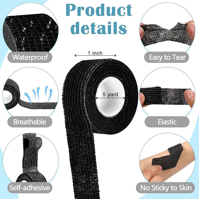 Treela 48 Pack Self Adhesive Wrap Bandage Bulk, Self Adherent Cohesive Bandage Elastic Athletic Tape Breathable Wound Tape for Stretch Athletic Sports Wrist Ankle (Black,1 Inch X 5 Yards)