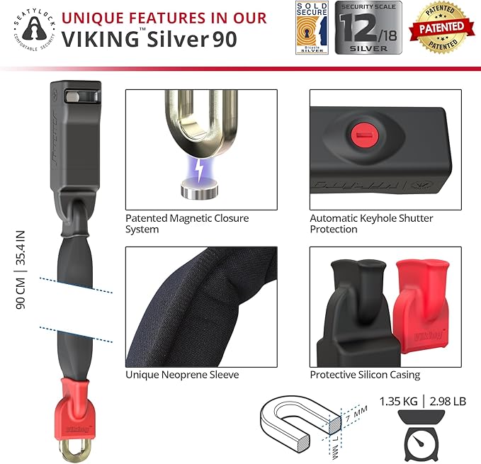 Seatylock Viking Bike Chain Lock with Key - Magnetic Patented Sold Secure Silver Rated - Heavy Duty Anti Theft - Smart Ultra Security Bicycle Lock (35.5 Inch)