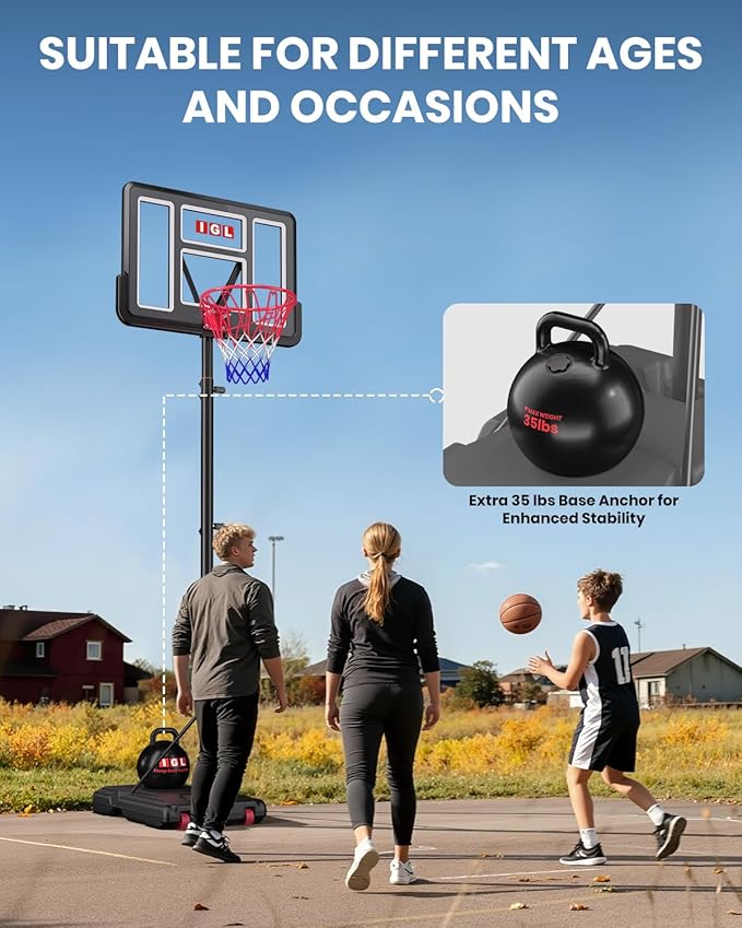 IGL Portable Basketball Hoop, 5.6-10FT Adjustable Basketball Goal System, 44 Inch Outdoor Basketball Hoop & Goals for Kids, Youth, and Adults in The Backyard, Driveway with PC Backboard