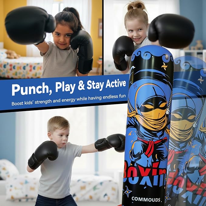 COMMOUDS 67inch Punching Bag for Kids, Inflatable Kids Boxing Set with Gloves, Fast Rebound Punching Bag for Practicing Karate, Taekwondo, MMA, Christmas/Birthday Gift for Boys Girls, Ages 6-14