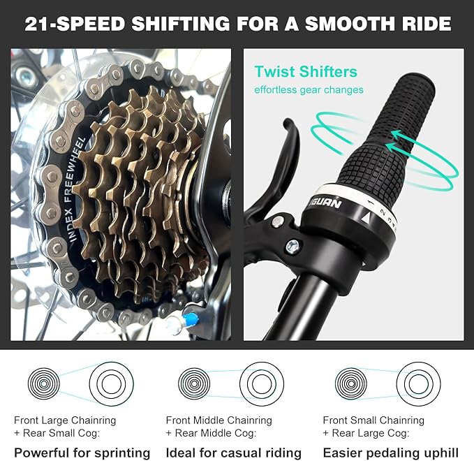 HappyHugs Women’s 26 Inch Mountain Bike, Low-Step Frame, 21-Speed Twist Shifters, Dual Disc Brakes, Front Suspension, 26×2.35 All-Terrain Tires for City Commute & Park Trails