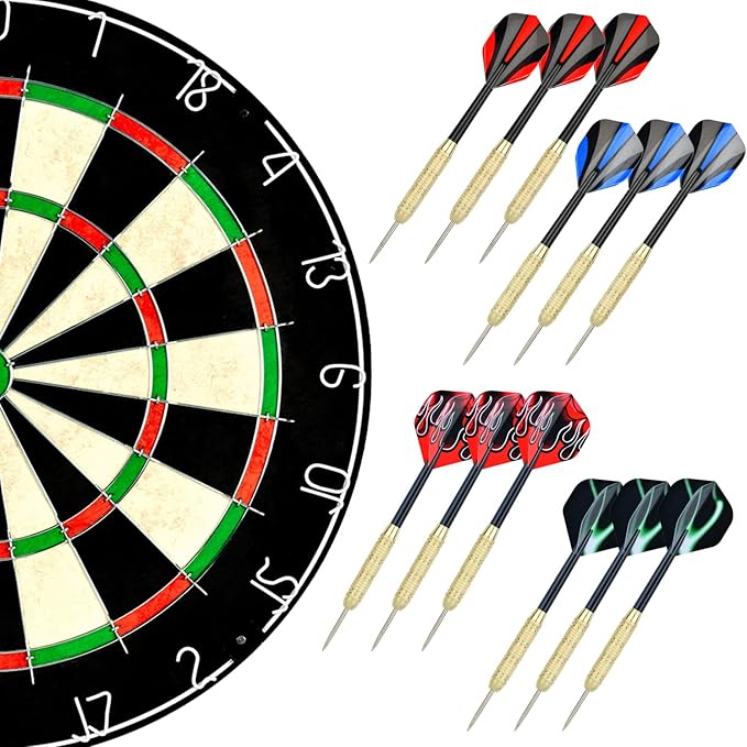 LinkVisions Dartboard with Staple-Free Bullseye, 18g Steel Tip Darts Set,12 Steel Tip Darts 18g, Dartboard Mounting Kits Included