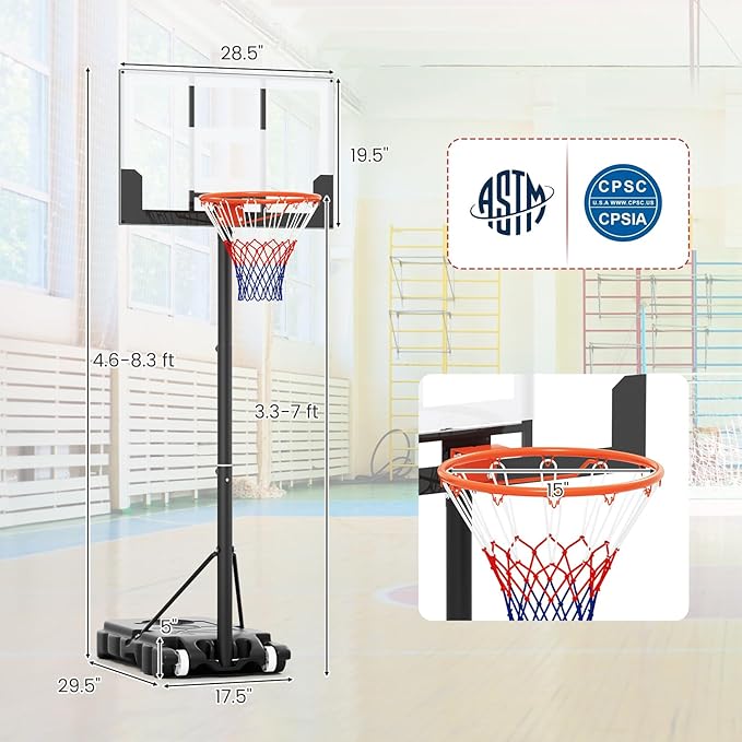GYMAX Basketball Hoop Outdoor, 3.3-7/10 FT Adjustable Portable Basketball Goal with Wheels, PC Backboard, Fillable Base for Kids, Youth & Adults in Backyard, Driveway, Pool
