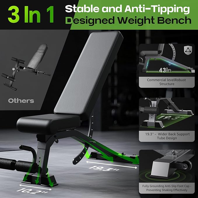 Adjustable Weight Bench, 1200LB Heavy Duty Workout Bench for Home Gym, Commercial Incline-Flat-Decline Bench Press for Full Body Fitness, 4 Suitable Leg Rest Gears with Fully Upright Backrest