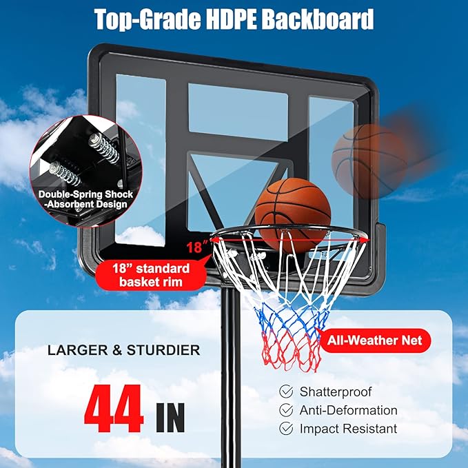 Goplus Portable Basketball Hoop, 4.25-10FT Height Adjustable, 44'' Shatterproof Backboard, 18" Basket Rim, Wheels, Basketball Goal for Adults Outdoor