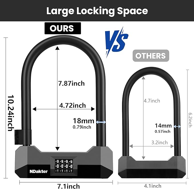 NDakter Bike Locks Heavy Duty Anti Theft，18mm Bicycle Combo U Lock with 5FT Cable, 4-Digit Resettable Combination Electric Scooter Lock with 2Keys and Bracket for Tricycle, Moped, Motorcycle(Gray)