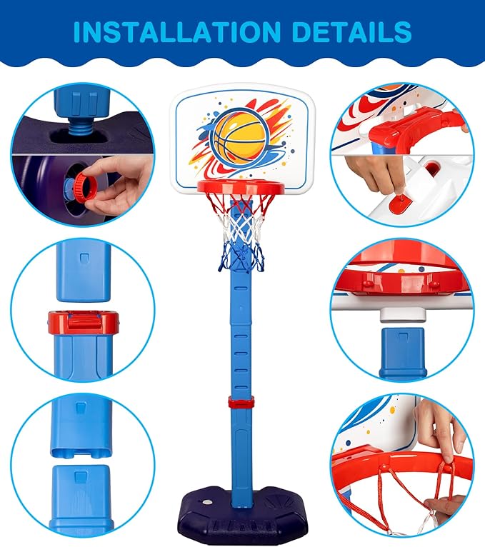 Toddler Basketball Hoop Set,Adjustable Kids Basketball Goal with 3 Balls & 2 nets & Pump,Indoor Outdoor Poolside Mini Hoop Toy for Boys Girls Ages 1-6 Birthday