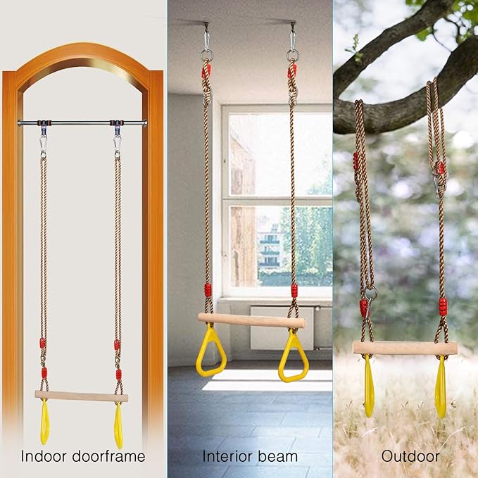 PELLOR Playground Children's Wooden Trapeze Swing Bar with Plastic Gym Rings Swing Set for Indoor & Outdoor Fun