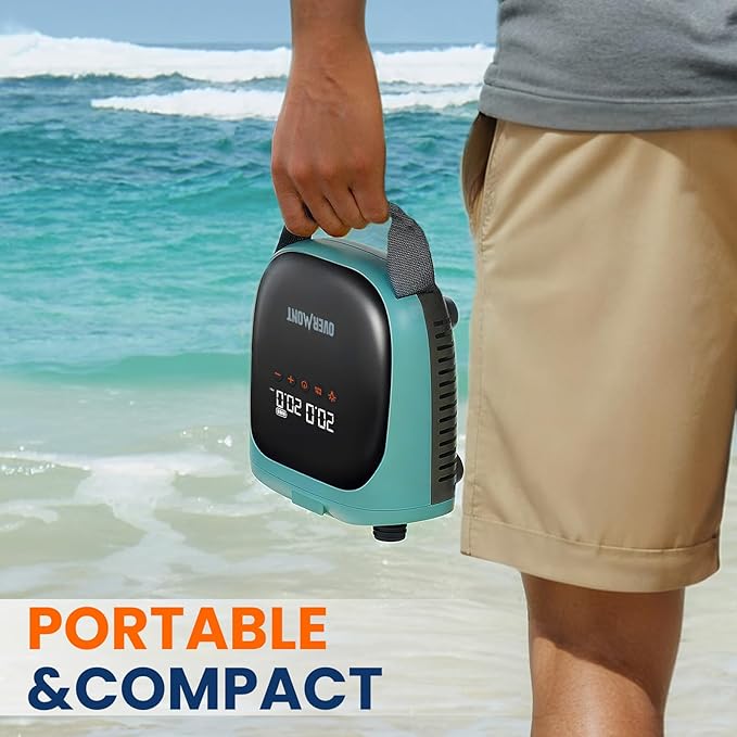 Overmont Paddle Board Pump Electric Portable, 20PSI Rechargeable SUP Air Pump with Auto-Off, Fast Dual Stage Inflation & Deflation, LCD Display, 12V Car Adapter for Inflatables, Kayaks, Boats, Tents