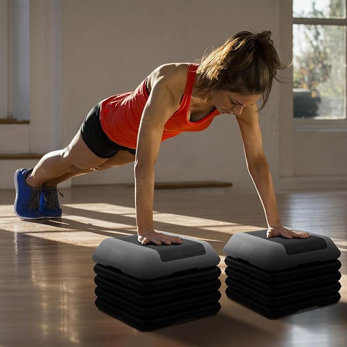 Fitvids Step Aerobic Platform, Exercise Step with 5 levels Adjustable Height, 4 Stackable Risers, Fitness Training Workout Stepper for Home Gym, Cardio Strength, Multiple Options