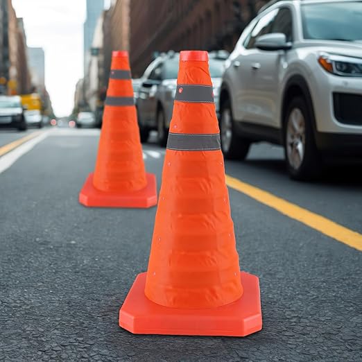 28 Inch 6 Pack Collapsible Traffic Safety Cones, Orange Cones with Reflective Collar, Portable Multipurpose Traffic Cones for Parking Construction Driving Training Sports Practice