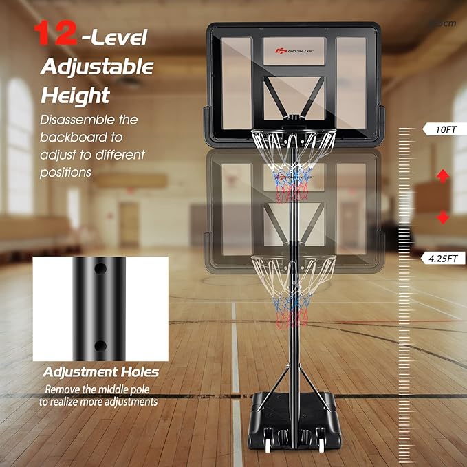 Goplus Portable Basketball Hoop, 4.25-10FT Height Adjustable, 44'' Shatterproof Backboard, 18" Basket Rim, Wheels, Basketball Goal for Adults Outdoor