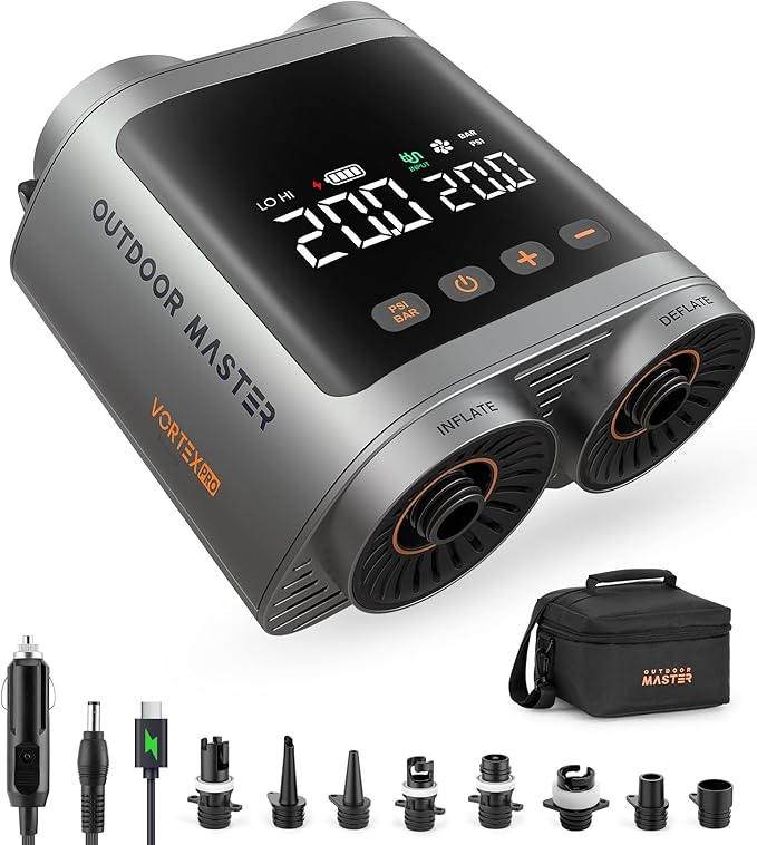 OutdoorMaster Vortex Pro 57.7Wh Rechargeable Paddle Board Pump Portable, Electric SUP Pump Battery for 3 SUPs Inflation & Deflation, Max 20PSI 12V/15.8V DC & Type-C Input, 8 Nozzles for Inflatables