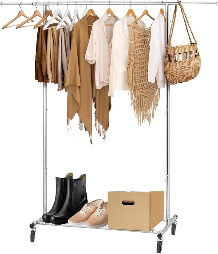ikloo Heavy Duty Clothes Rack with Wheels load 130 LBS, Metal Rolling Clothing Rack with Extendable Rod & Bottom Shelf, Portable Closet Organizer, Storage for Hanging Clothes, Chrome