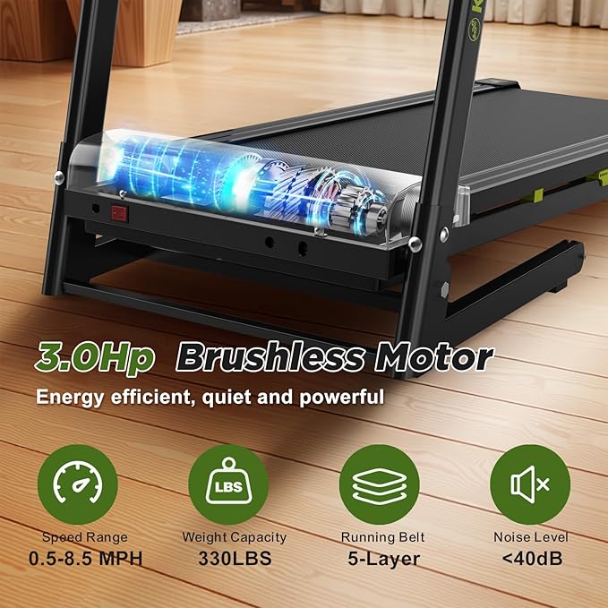 FYC Folding Treadmill for Home - Portable Walking Treadmill with Incline, Handles & App, Dual Shock Absorption, Bluetooth Speakers, 330lbs Capacity, Easy Fold Design