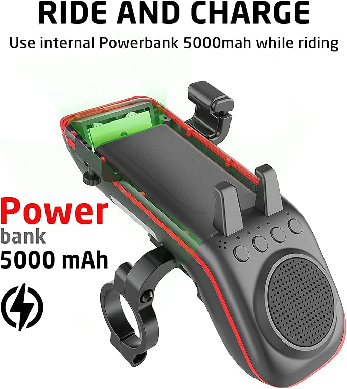 Multifunctional Bike Speaker & Phone Holder - Bicycle Headlight, Horn, Microphone & Power Bank (5000mAh), Ideal for Mountain & Road Cycling