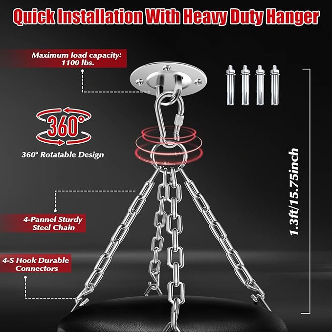 Punching Bag for Adults, 4FT PU Heavy Boxing Bags with Chain Ceiling Hook, Hanging Boxing Bag for Kickboxing Muay Thai Karate Judo Taekwondo Home Gym Training, Unfilled
