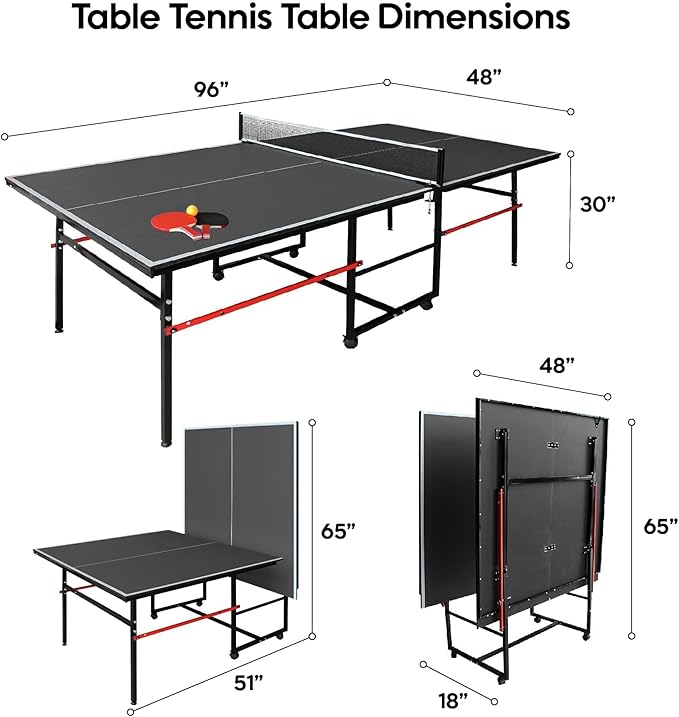 8X4FT Ping Pong Table for Indoor/Outdoor, Foldable Mid-Size Table Tennis Table with Net, 2 Table Tennis Paddles and 3 Balls - Easy Assembly - Tournament Quality - Perfect for Family Game Rooms