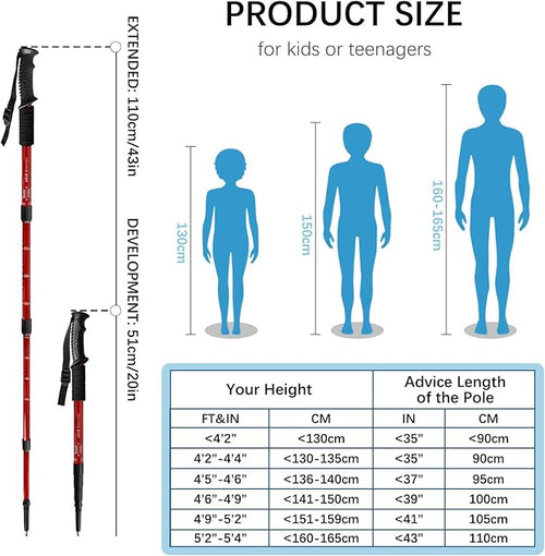 2 Pack Hiking Poles for Junior, Nordic Walking Trekking Pole Hiking Sticks Lightweight Collapsible & Shock-Absorbent Aluminum with Quick Adjustable Locks for Youth & Women
