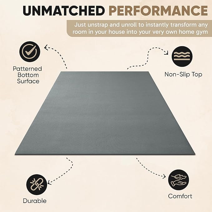 Gorilla Mats Premium Large Exercise Mat – 6x4', 7x4', x7x5', 8x4', 10x4' (1/4" Thick) Ultra Durable, Non-Slip, Workout Mat for Instant Home Gym Flooring – Great on Any Floor – Use With or Without Shoes