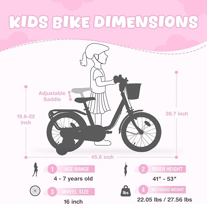 Kids Bike 16 inch Boys Girls Ages 4-7 Years Old Cruiser Bicycle with Woven Basket Single Speed for Youth Caliper Brake Band Brake Rear Rack Included Multiple Colors