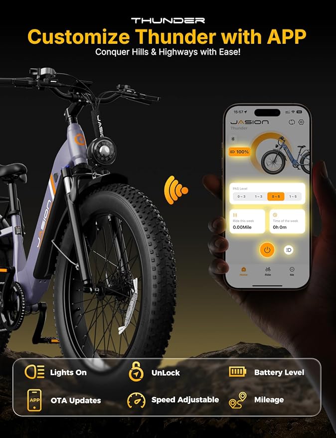 Jasion Thunder Electric Bike, 30+MPH 1500W Peak Motor E Bikes, 80Miles Range with 864Wh Battery, Hydraulic Disc Brakes, Front Suspension, 26'' x 4'' Fat Tire Adults Electric Bicycles, APP Control
