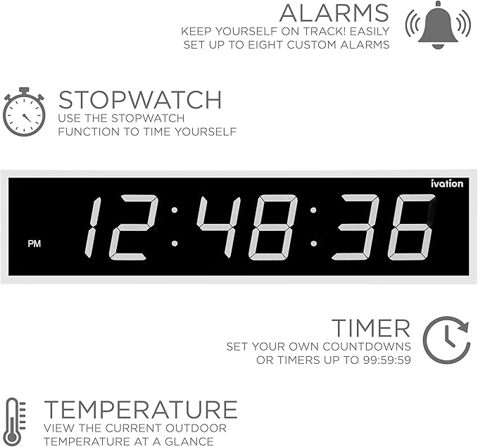 Ivation Huge Oversized 72" Large Digital LED Clock | Big Digital Clock w/Multi-Function Display – Stopwatch, Timer, Alarms, Temp & Date | 6 Brightness Levels, Time Memory & Remote (White)