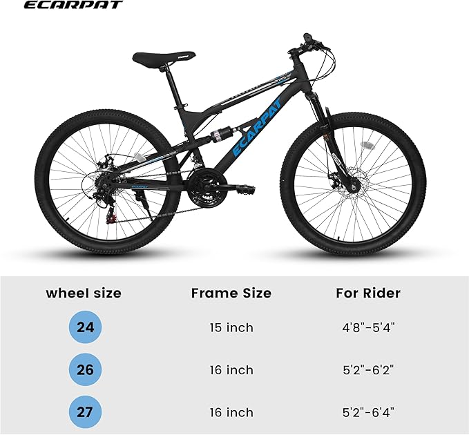 Mountain Bike 24 26 27.5 Inch, Dual Full Suspension Mens Womens Bike, 21 Speeds Dual Disc Brake Carbon Steel Bike, Boys Mens Mountain Bike for School Work Summer Camping, Birthday Gift Choice
